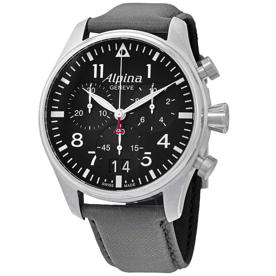 Alpina Startimer Pilot Black Dial Grey Leather Men's Watch  