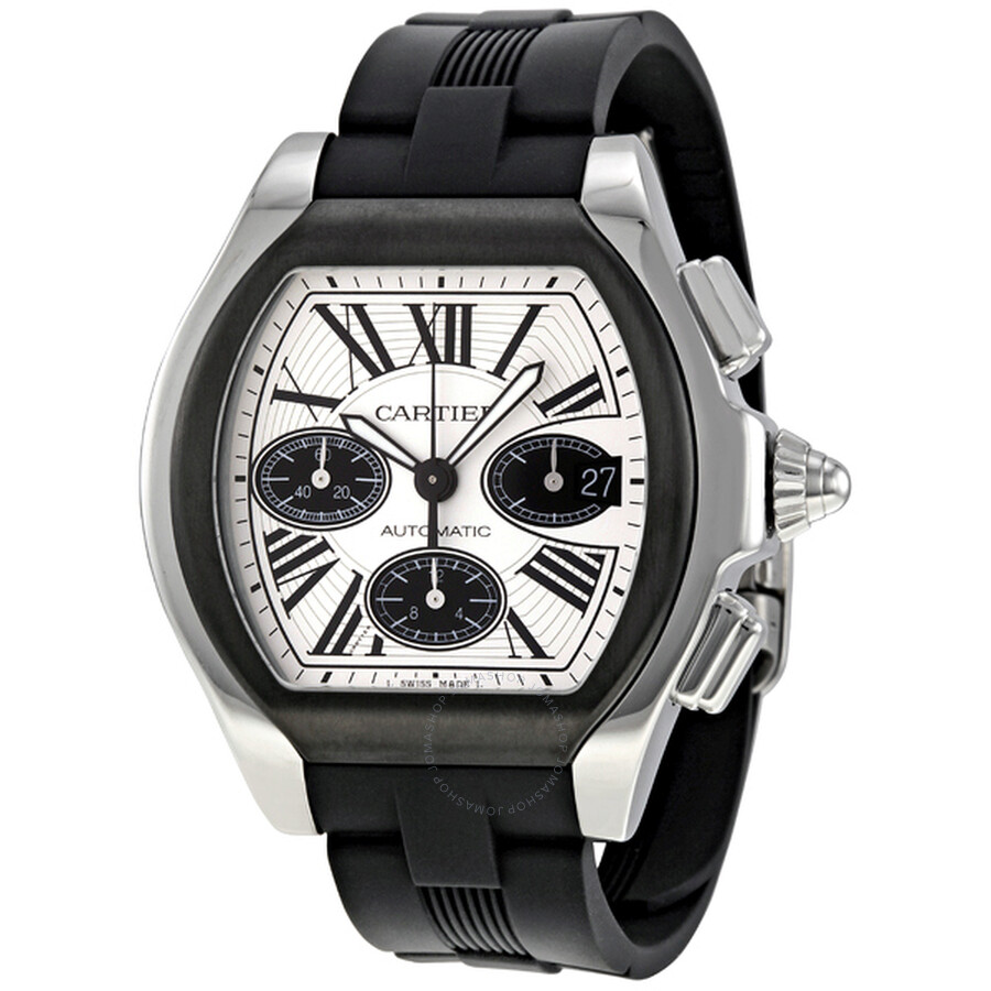 Cartier Roadster Chronograph Silver Dial Black Rubber Automatic Men's ...