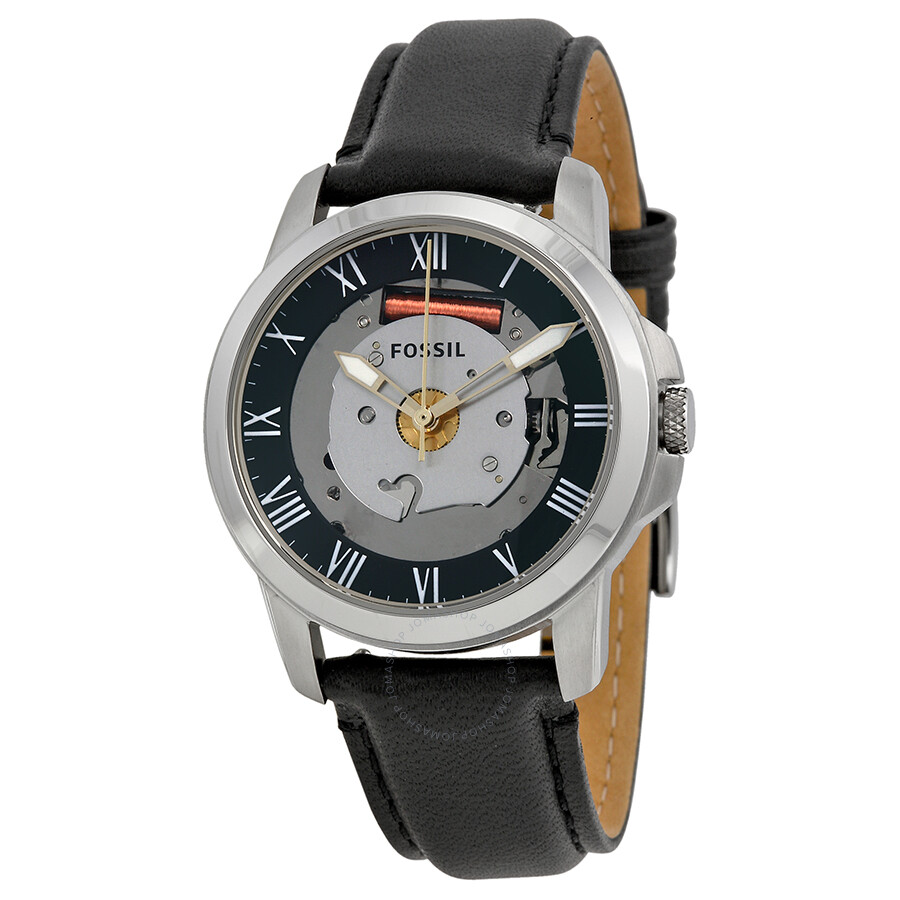 Fossil Grant Skeletal Dial Black Leather Unisex Watch FS4869 - Grant ...