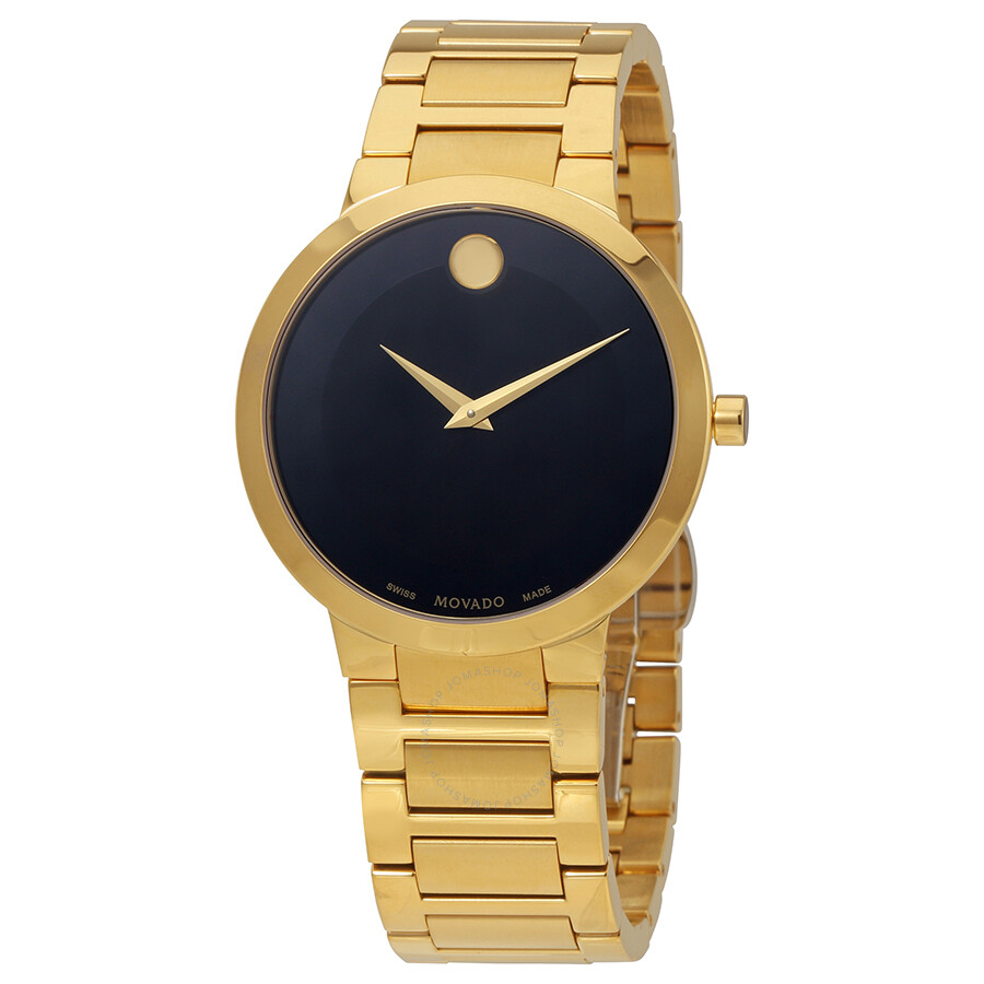 Movado Modern Classic Black Dial Yellow Gold PVD Men's Watch 0607121 ...