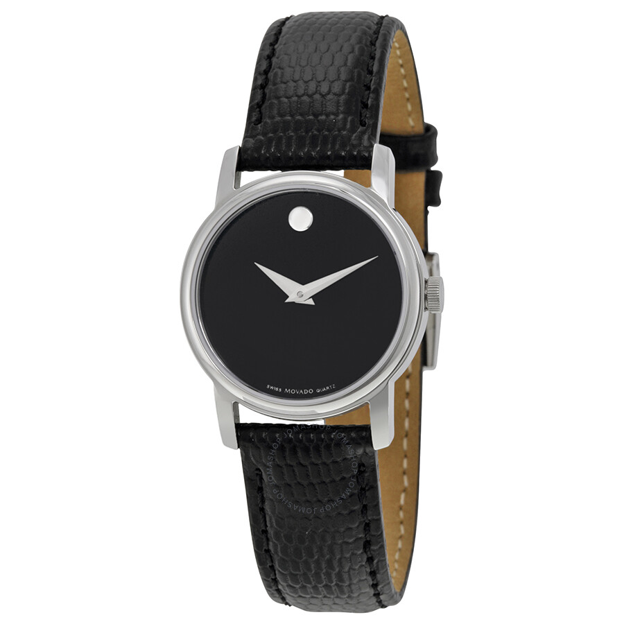 Movado Museum Black Dial Black Leather Strap Ladies Watch  