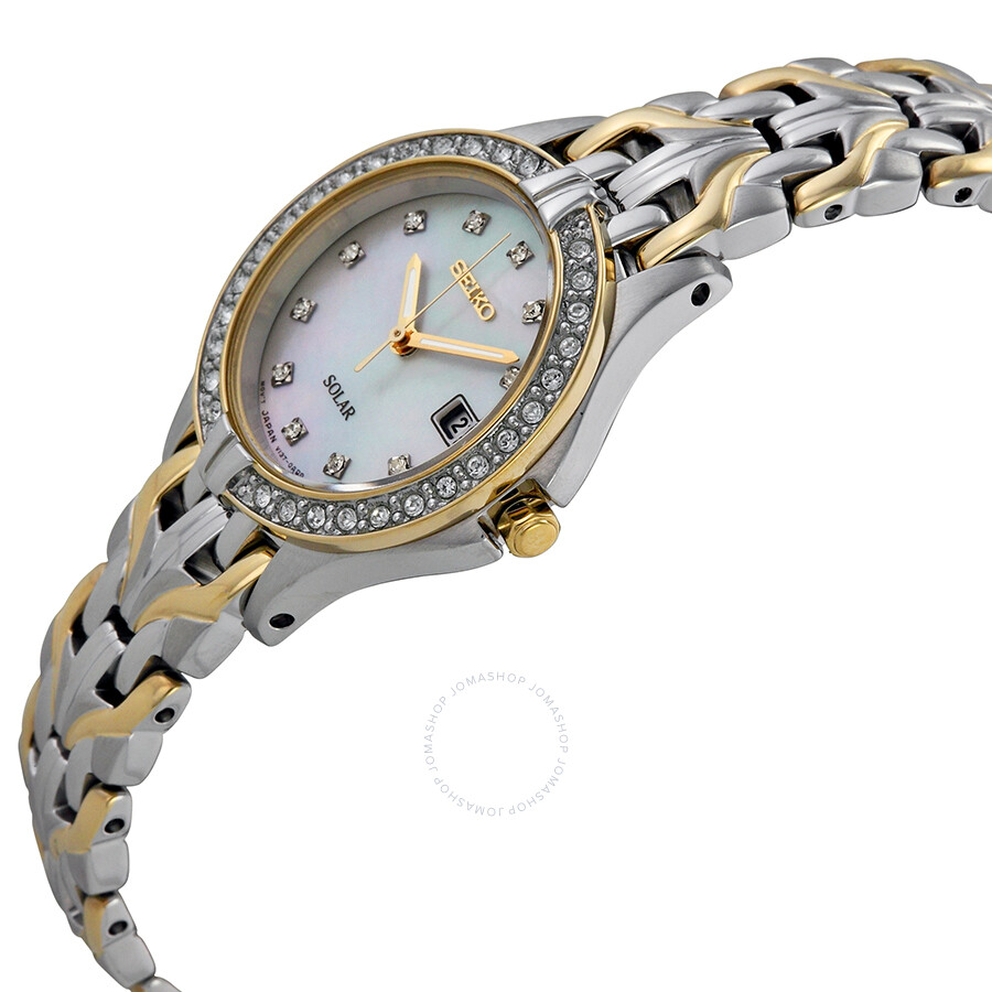 Seiko Solar Mother of Pearl Dial Crystal Bezel Two-tone Ladies Watch ...